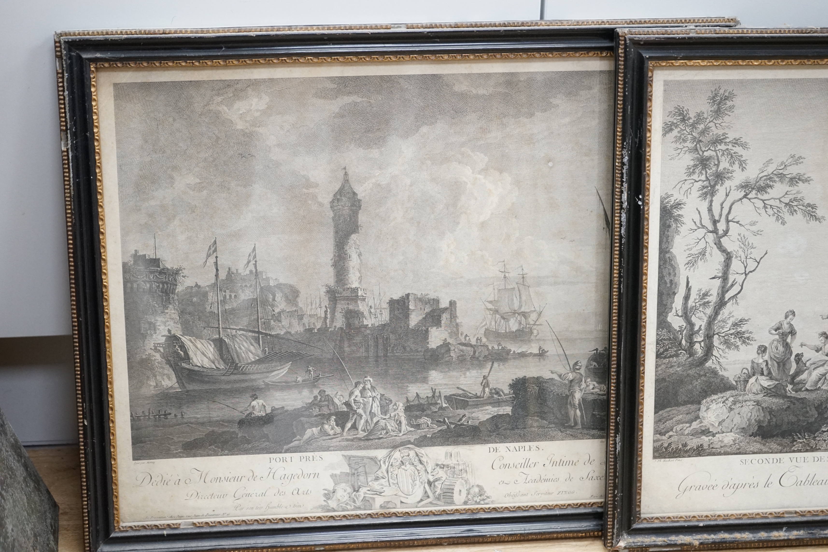 After Jacob Philipp Hackert (Italian, 1737-1807) and After Pierre Charles Le Mettay (French, 1726-1759) two 18th century engravings, Normandy and Naples, each 36 x 45cm